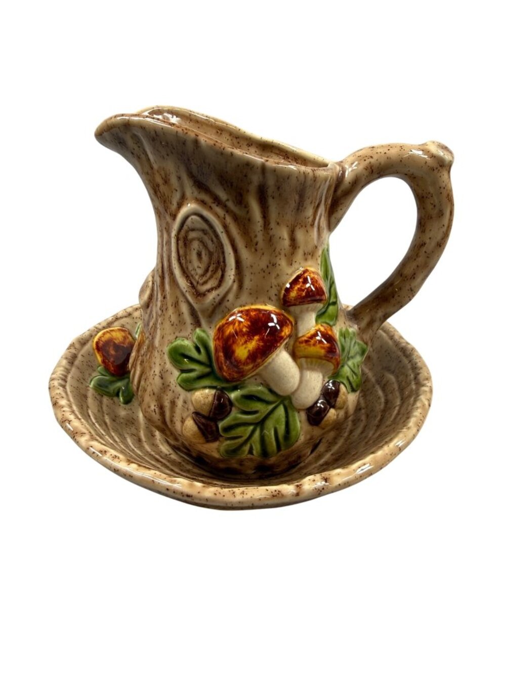Vintage Ceramic Pitcher & Bowl Set With Mushroom Woodland Design MCM Farmhouse
